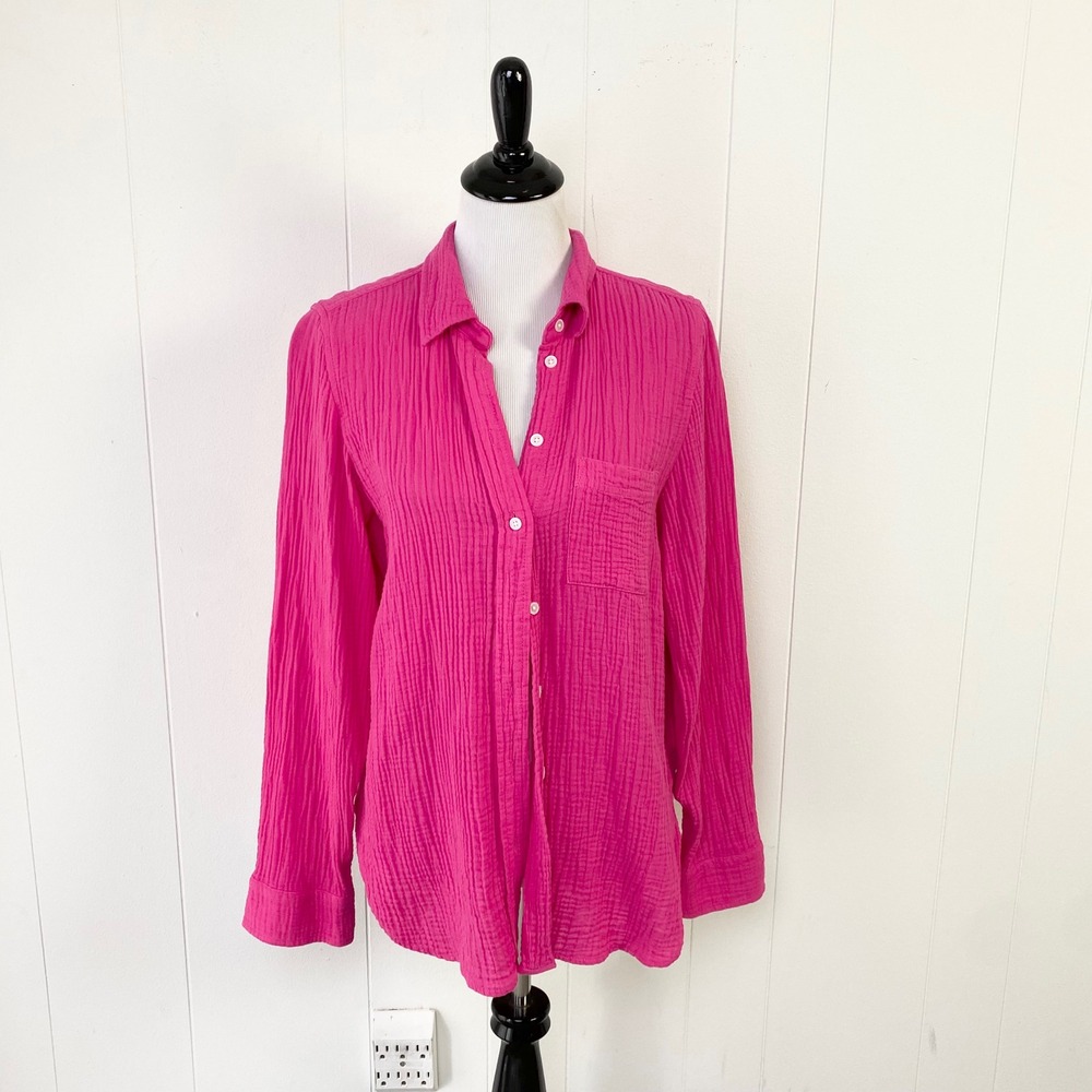 J.Crew Bright Pink Cotton Gauze Long Sleeve Button Down Shirt SZ M Beach Resort